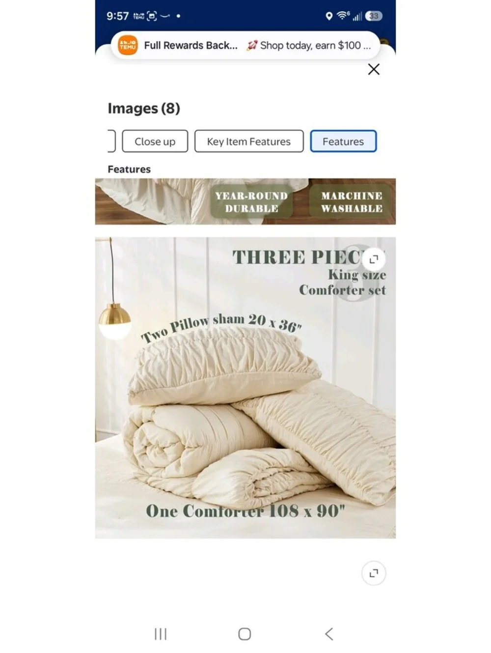 Bonlino Farmhouse Ruched Comforter King Size Bed Set 3 Pieces with Pillow Shams